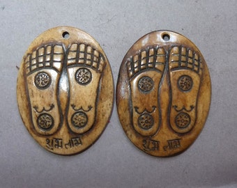 Two Bone Pendants Amulets with Buddhas Feet from Nepal, Ethnic Folk Tribal Jewelry Himalaya Region, FREE SHIPPING
