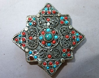 Tibetan Metal Amulet with Turquoise and Glass Beads Decorated Box Ghau, Buddhist Folk Pendant, Himalayan Jewelry, FREE SHIPPING