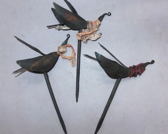 Three Iron Ritual Sticks with Bird on Top from Nepal, Hinduist Folk Art, FREE SHIPPING