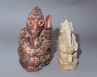 Two Old Stone Ganesh Statues, Nepalese Tribal Art, Shiva Family