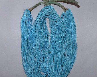 Old Multi Strand Necklace with 40 Strands Light Blue Small Glass Beads, Folk Necklace