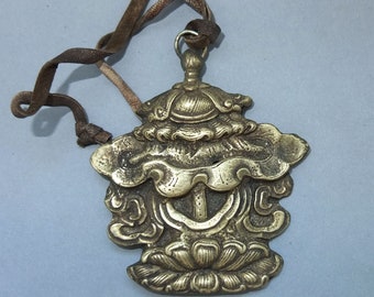 Large Brass Auspicious Symbol Umbrella or Parasol Chatra Amulet Pendant from Nepal