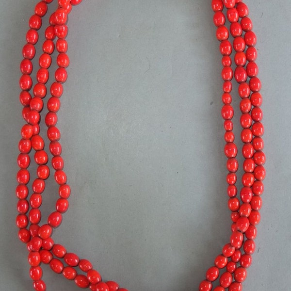 Ethnic Necklace with Three Strands Red Handmade Glass Beads from Nepal, Traditional Necklace, Folk Jewelry, Asian Art, FREE SHIPPING