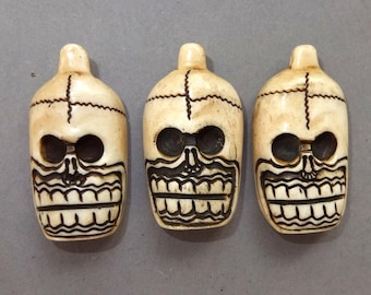 Three Skull Bone Pendants Amulets, Folk Tribal Jewelry Himalaya Nepal