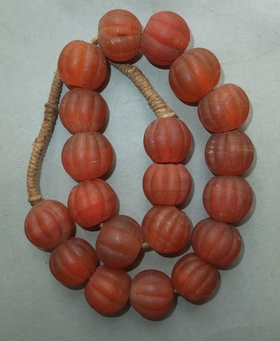 Melon Shaped Ethnic Beads FREE SHIPPING Himalaya Jewelry Heavy Folk Necklace with Handmade Used Blue Grooved Glass Beads from Nepal