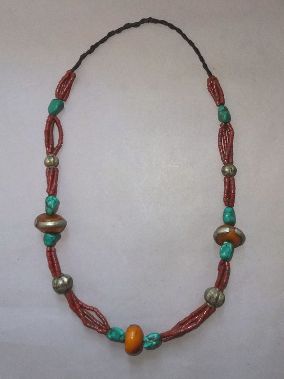 Necklace with Handmade Metal Turquoise Small Red … - image 2