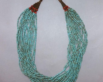 Old Multi Strand Necklace with 18 Strands Blue Small Glass Beads, Folk Necklace