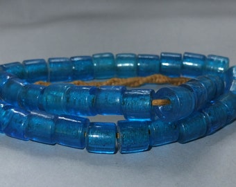 Necklace with Old Handmade Blue Tube Shaped Glass Beads from Nepal, Jewelry, Folk Beads Asia, FREE SHIPPING