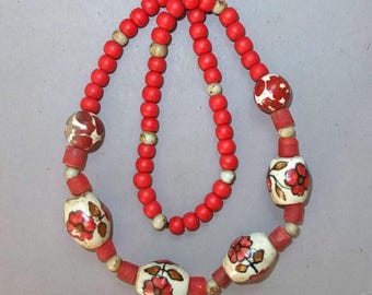 Nepalese Ceramic & Red Glass Bead Necklace, Ethnic Folk Jewelry