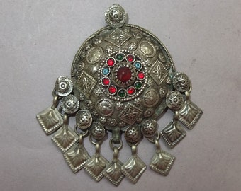 Used Nepalese Metal Pendant Decorated with Glass Beads , Buddhist Hinduist Prayer Pendant, Himalayan Jewelry, FREE SHIPPING