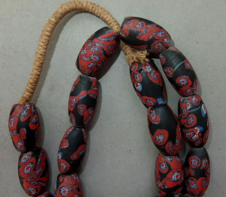 Nepali Folk Beads Nepalese Necklace with Oval Red Black Blue White Fused Glass Beads FREE SHIPPING Beads with Floral Design