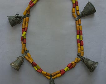 Chunky Naga Necklace: Handmade Glass Beads, Large Bronze Pendants (43cm)