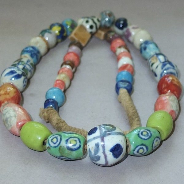 Folk Necklace with Handmade Ceramic Beads from Nepal, Tribal Jewelry, Asian Beads Art, FREE SHIPPING