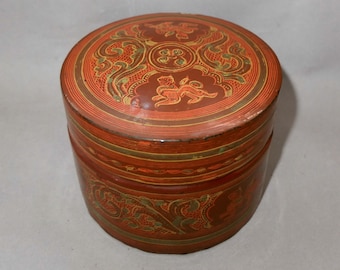 Old Lacquer Box with Peacock Decoration from Burma, Burmese Pan Yun Art, Burmese Lacquerware Art, FREE SHIPPING