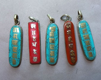 Five Longish Handmade Glass Pendants with Metal Mounting and Holy Syllables from Nepal, Nepali Jewelry, FREE SHIPPING