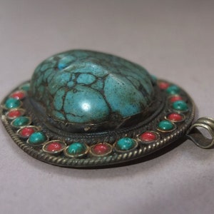 Large Old Handmade Metal Mounted Turquoise Pendant Decorated with Glass Beads from Nepal, Stone Amulet, Folk Jewelry, FREE SHIPPING image 3