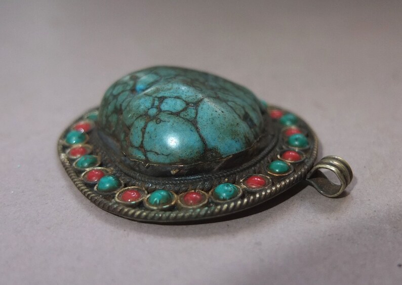 Large Old Handmade Metal Mounted Turquoise Pendant Decorated with Glass Beads from Nepal, Stone Amulet, Folk Jewelry, FREE SHIPPING image 3