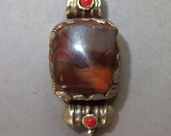 Metal Mounted Handmade Carnelian Pendant from Nepal, Folk Jewelry