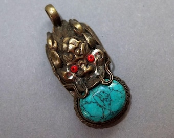 Handmade Turquoise Pendant with Metal Dragon Mounting from Nepal, Mounted Stone Amulet