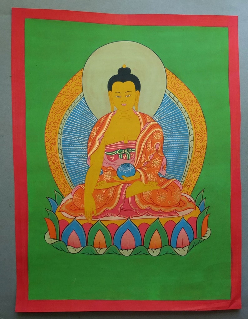 Tibetan Thangka Painting with Buddha Shakyamuni, Buddhist Painting on Cotton Tibet, Ceremonial Meditation Himalayan Art, FREE SHIPPING image 1