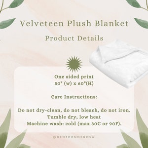 Peut inclure: Une couverture en peluche de velours blanc, impression unilat&eacute;rale, 127 cm de large sur 152 cm de long. Instructions d'entretien : Ne pas nettoyer &agrave; sec, ne pas blanchir, ne pas repasser. S&eacute;chage en machine &agrave; basse temp&eacute;rature. Lavage en machine &agrave; froid (max 30&deg;C ou 90&deg;F). @BENTPONDEROSA