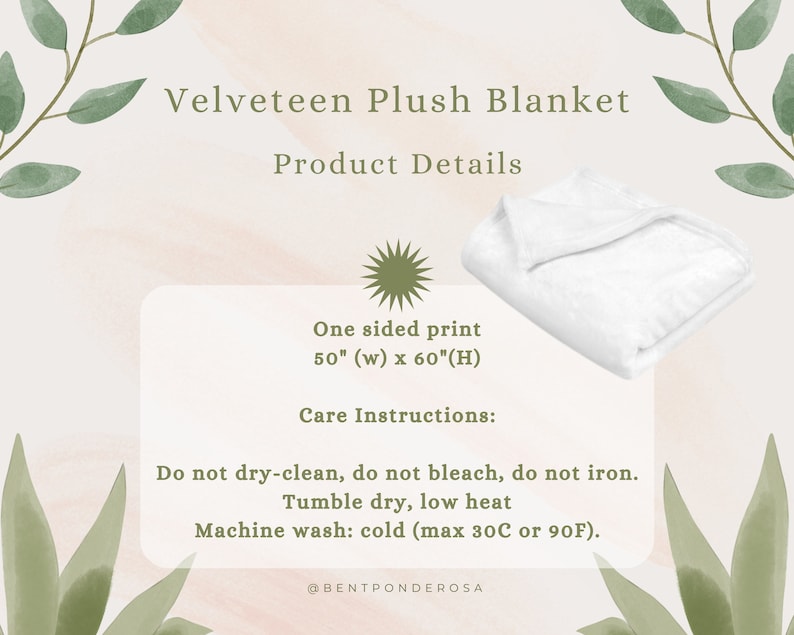 Peut inclure: Une couverture en peluche de velours blanc, impression unilat&eacute;rale, 127 cm de large sur 152 cm de long. Instructions d'entretien : Ne pas nettoyer &agrave; sec, ne pas blanchir, ne pas repasser. S&eacute;chage en machine &agrave; basse temp&eacute;rature. Lavage en machine &agrave; froid (max 30&deg;C ou 90&deg;F). @BENTPONDEROSA