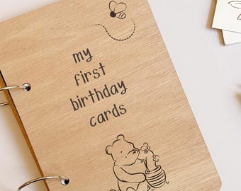 Porta-cartões de aniversário do Ursinho Pooh, lembrança para o primeiro aniversário do bebê, livro de recordações, livro de visitas para chá de bebê, livro do primeiro ano do bebê