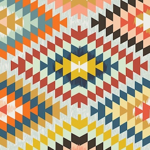 Könnte beinhalten: Ein farbenfrohes geometrisches Muster mit einem sich wiederholenden Design aus Dreiecken und Quadraten in Rot-, Orange-, Gelb-, Blau- und Grüntönen. Das Muster ist symmetrisch und erzeugt ein optisch ansprechendes Design.