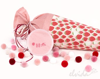 School bag made of fabric strawberry child with name tag