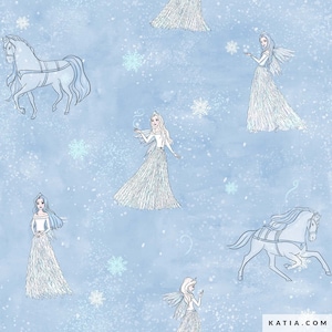 Könnte beinhalten: Ein nahtloses Muster mit blauem Hintergrund, weißen Schneeflocken und Illustrationen einer Fee, eines Pferdes und einer Krone. Die Fee trägt ein weißes Kleid und hat langes, fließendes Haar. Das Pferd ist weiß und hat ein Geschirr. Die Krone ist golden und mit Juwelen besetzt.