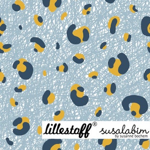 Könnte beinhalten: Ein blaues und gelbes abstraktes Muster auf weißem Hintergrund. Das Muster besteht aus einer Reihe von sich überlappenden Kreisen und Linien. Der Text "lillestoff® susalabim by susanne bochem" ist unten im Bild gedruckt.