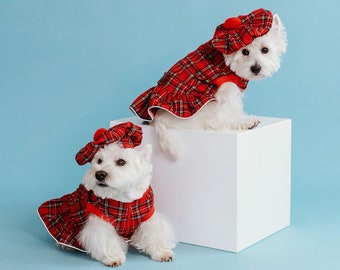 2 pc Plaid westie DRESSes with HATS. Powerful Scottish dog outfits in shape of a dresses. Perfect gift or best outfit for tartan parade.