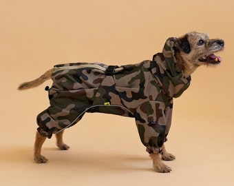 Border terrier Camouflage Raincoat. Snood. Adjustable. Reflects. Small and Medium Size Dog Coat. Safe zip over Back. Dirtproof. Sustainable.