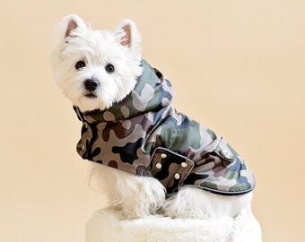 Camouflage Dog Coat With Hood. Light or Fleece Underlayer. Light Reflects. Adjustable. Metal Studs.  Water-resistant.