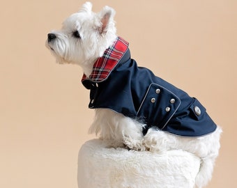 Waterproof Dog Coat With Plaid Collar. Red Fleece or Thin Underlayer. Light Reflective Trimming. Closer with Metal Studs. Scottish outfit.