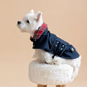 Waterproof Dog Coat With Plaid Collar. Red Fleece or Thin Underlayer. Light Reflective Trimming. Closer With Metal Studs. Scottish Outfit. Etsy