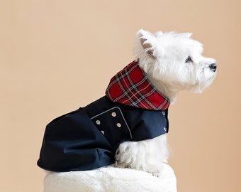 Waterproof Dog Coat Dress With Plaid Hood. Warm Fleece or Thin Underlayer. Light Reflects. Metal Studs. Adjustable. Medium size dog coats