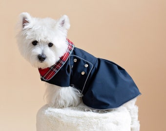 Waterproof Dog Coat Dress With Plaid Collar. Warm Fleece or Thin Underlayer. Light Reflects. Metal Studs. Adjustable. Medium size dog coats