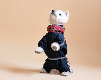 Navy GIRL Dog RAINCOAT | Plaid Snood | Light Reflective Tapes on Legs and Chest | Dog Coverall | Dog Rain Jacket |