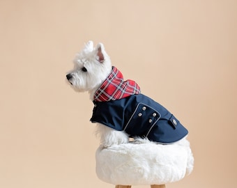 Waterproof Dog Coat With Plaid Hood. Unisex. Red Fleece or Thin Underlayer. Light Reflects Around. Closer with Metal Studs. Scottish outfit.