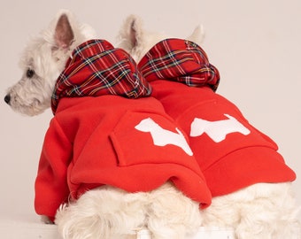 Cozy Fleece Dog Hoodie with Reflective Trim & Pocket, Royal Stewart Red plaid Hood. Westie Parade outfit.