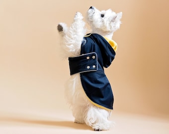 Waterproof Dog Coat Dress With Hood. Warm Fleece or Thin Underlayer. Light Reflects. Metal Studs. Adjustable. Medium size custom dog clothes