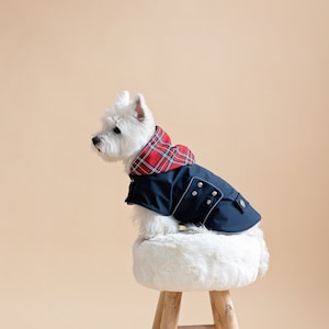 Waterproof Dog Coat With Plaid Hood. Unisex. Red Fleece or Thin Underlayer. Light Reflects Around. Closer with Metal Studs. Scottish outfit.