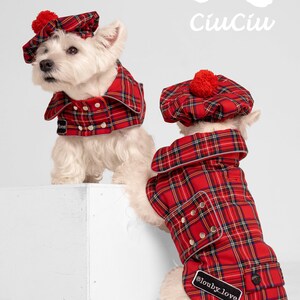 2 SETs: Westie royal Stewart red plaid COATs and CAPs. Scottish dog, warm, westie tartan jacket and hat, Tartan dog coat, christmas apparel image 5