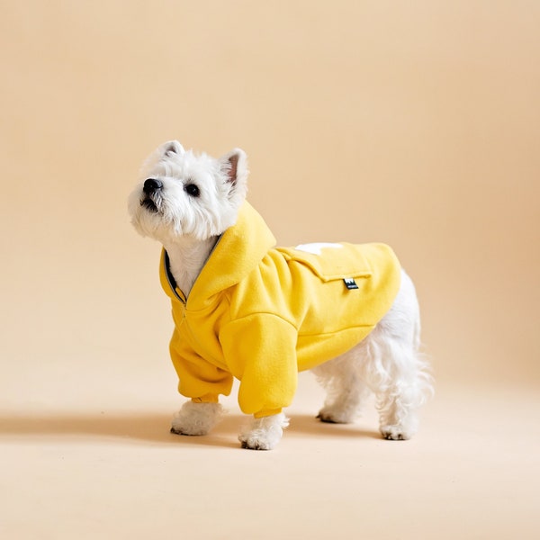 Maglione per cani di design giallo / Felpa con cappuccio in pile per cani accogliente / Prodotto in UE / Cappotto invernale per cani di lusso / Abbigliamento per cani di piccola taglia / Felpa con cappuccio per cani ricamata