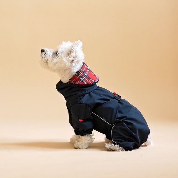 Waterproof Dog Overall with Buckle on Chest. Adjustable. Light Reflects. Red Plaid Inside Snood. Westie coat. Small and Medium Size Dog.