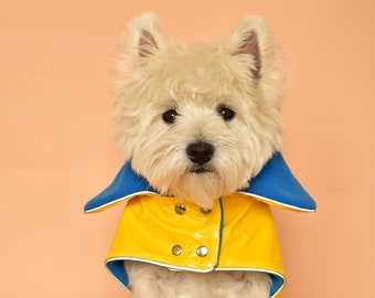 Yellow Blue PVC Dog Coat With Reverse Collar. Fleece underlayer. Metal Studs. Small and Medium Dog Size. Waterproof windproof. CiuCiu