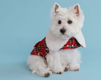 Plaid Dog COAT white fake fur COLLAR | Scottish Dog Winter Clothes | Westie Walk Jacket | Dog Warm Coat | Tartan Dog Clothes |