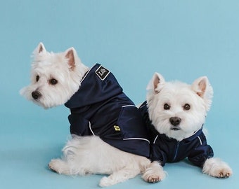 Retro Glow Navy Dog Hoodie: shiny vintage polyester, extra light reflects, sporty stylish look. Tiny front zipper, no buttons, no closer.