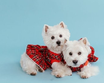 2 pc Plaid westie DRESSes without hats. Powerful Scottish dog outfits in shape of a dresses. Perfect gift or best outfit for tartan parade.